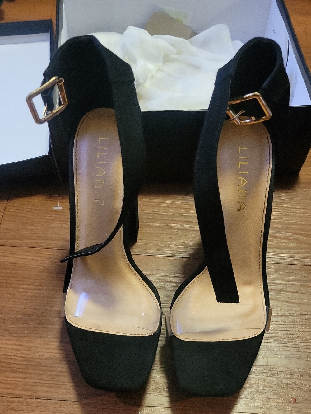 Liliana Black Ankle Strap Block Heels with Clear Toe Band